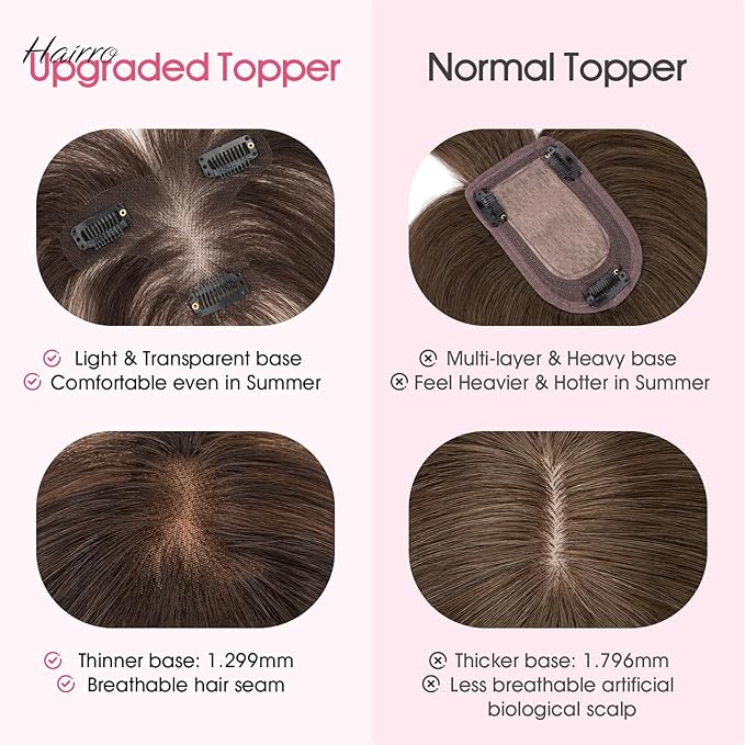 Hairro Human Hair Toppers with Wispy Bangs, 3D 360° Seamless Real Hair Toppers, Hand-Tied with 3.5"x4.7" T-shaped Base, Clip-In Hairpieces to Add Volume on Top, 11 Inch Dark Brown
