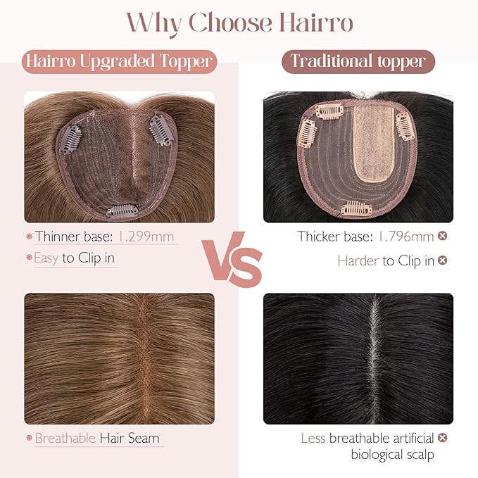 Hairro 100% Human Hair Topper No Bangs, Real Clip in Hair Hairpieces for Women, 3.94x4.72" Silk Base for Thinning Receding High Hairline, 12 Inch Light Brown Side Part