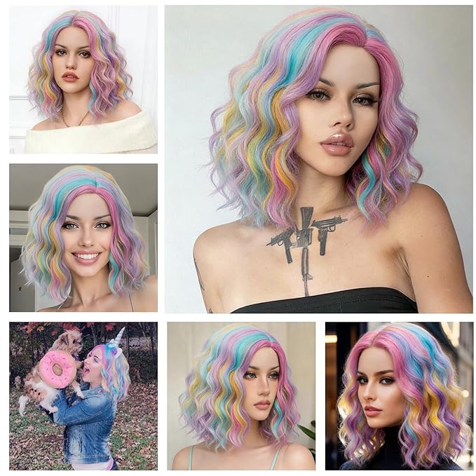 BUFASHION 14" Women Short Rainbow Kinky Straight Cosplay Synthetic Wigs With Air Bangs 46 Colors Available (Rainbow)