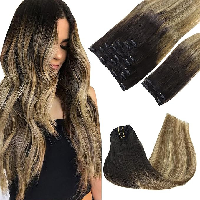 GOO GOO Clip in Hair Extensions Real Human Hair, Remy Human Hair Extensions Clip ins for Women, Natural Human Hair, 22inch 150g 9Pcs, 2/6/18 Balayage Brown to Dirty Blonde