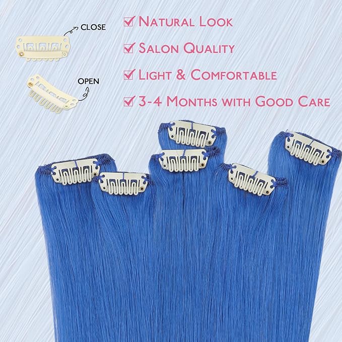 WENNALIFE Blue Clip in Hair Extensions Real Human Hair 35g 6pcs 24 Inch Colored Hair Extensions for Kids Women Colorful Hair Pieces Pop-up Style Straight Extensiones De Cabello Humano Con Clip