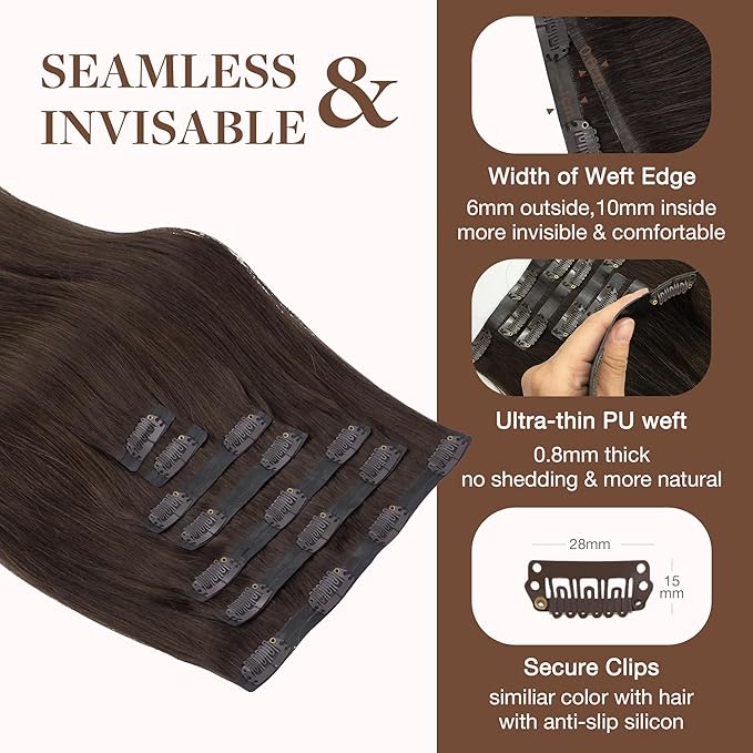 GOO GOO Clip in Hair Extensions Real Human Hair, Remy Human Hair Extensions Clip ins for Women, Natural Human Hair, 16inch 130g 7Pcs, 2A Light Brown