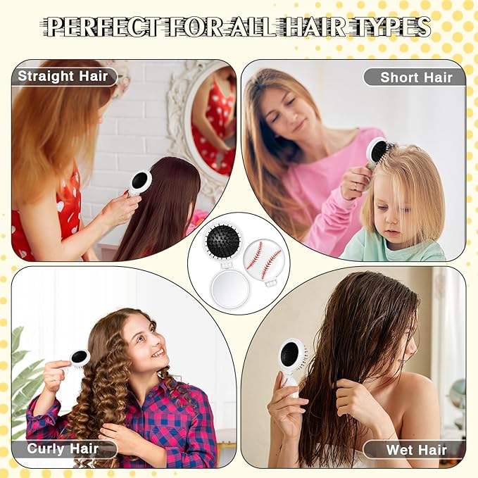 12 Pcs baseball Mini Detangler Brush, Folding Mirror Hair Brushes, Travel Hair Brush, No Tangle Soft Flexible Bristles for Straight, Curly, Thick Hair for baseball Team Gift Sport Party