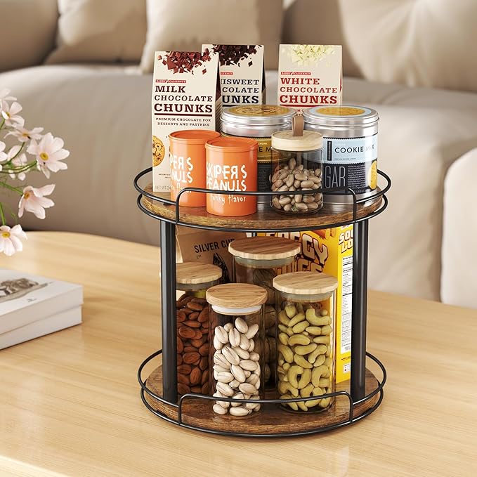 LAMU 12.2'' Wood Lazy Susan Turntable Organizer for Cabinet, 2 Tier Lazy Susan Spice Rack Organizer for Kitchen, Table Top, Countertop, Pantry, Bathroom
