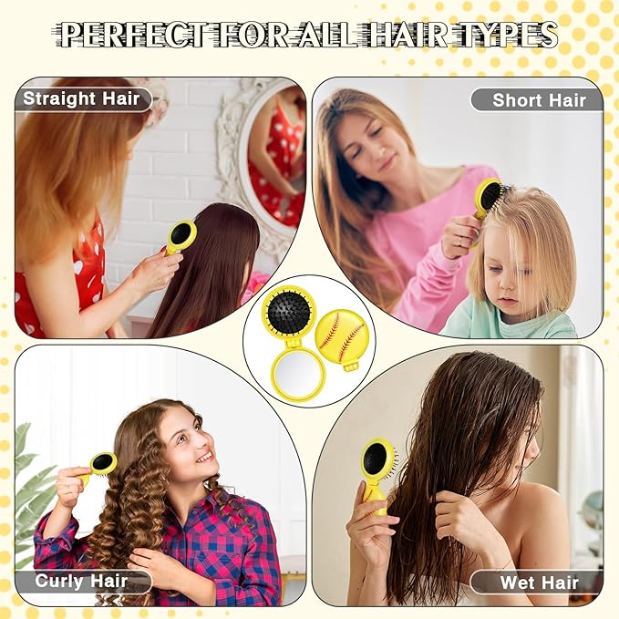 12 Pcs Softball Mini Detangler Brush, Folding Mirror Hair Brushes, Mini Travel Hair Brush, No Tangle Soft Flexible Bristles for Straight, Curly, Thick Hair for Softball Team Gift Sport Party
