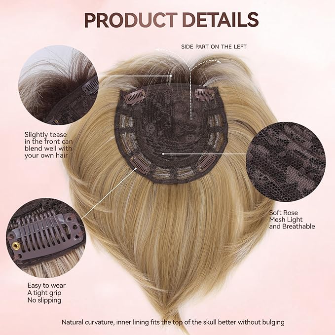 LEEONS Hair Toppers for Women with Bangs Short Bob Synthetic Pieces for Thinning Hair Side Part (Dark Blonde with Dark Root)