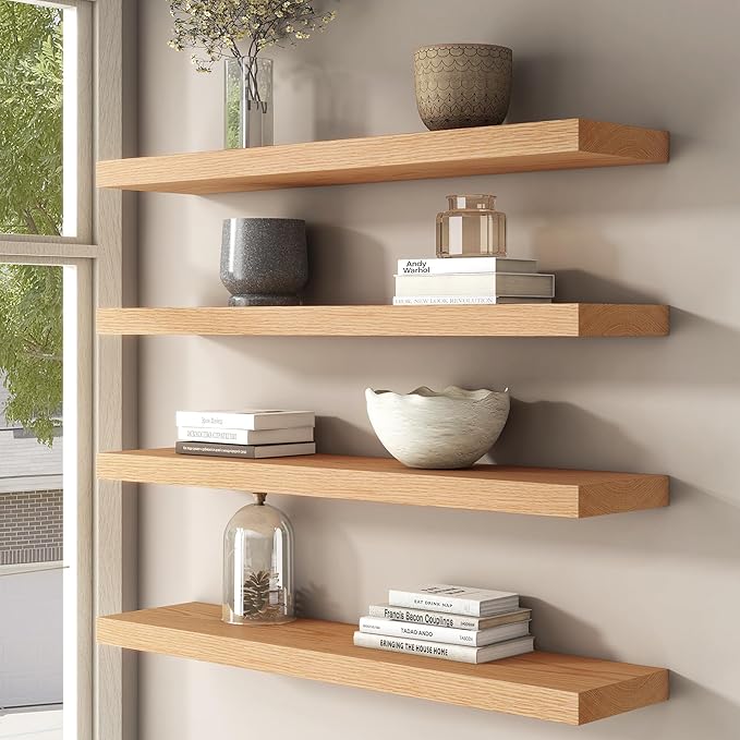 Floating Shelves for Wall, USA-Sourced Oak Wood 36 Inch Long Wall Shelves Set of 2, Natural Wooden Wall Mounted Picture Ledge Shelf, Nursery Book Storage Shelf Kids Bookshelf, Display Shelf