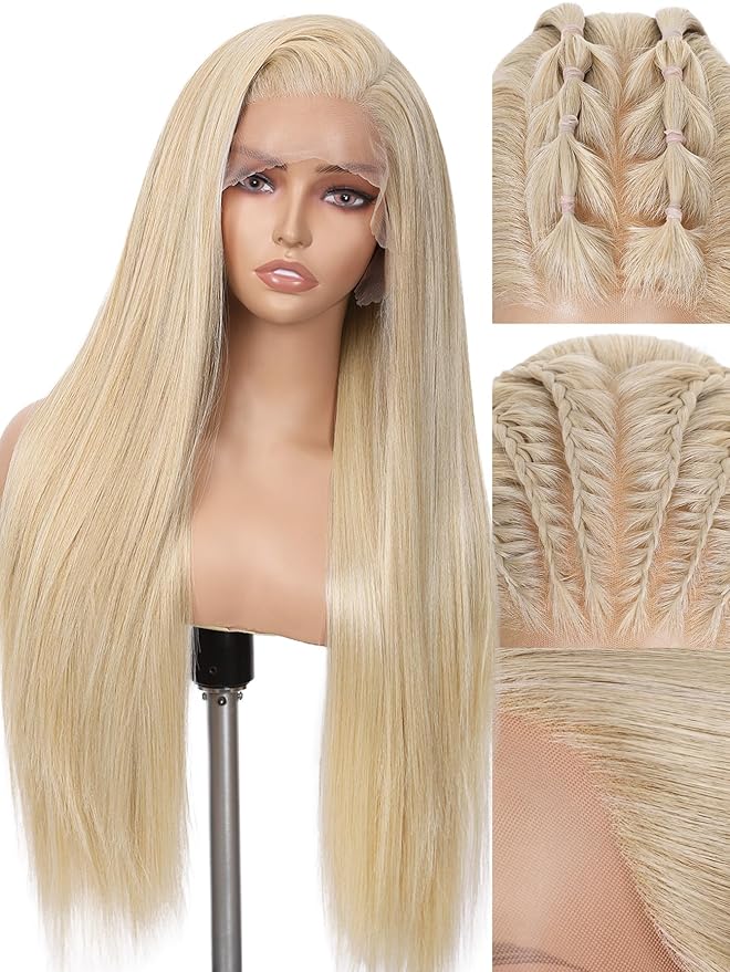 WIGNEE 13x6 Synthetic Lace Front Wig 28" Blonde Wig Pre-Plucked Handmade Lace Front Wigs with Kanekalon Futura Hair Voluminous Long Straight Synthetic Wigs for Daily Party Use