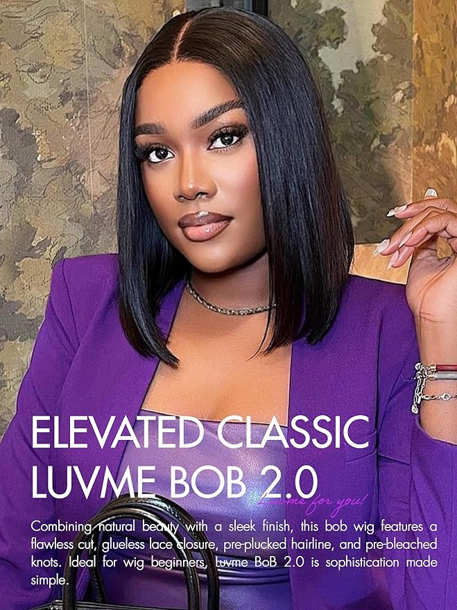LUVME HAIR 12 Inch Glueless Bob Wigs Human Hair Pre Plucked, 5x5 HD Lace Closure Wigs Human Hair 180 Density, Ready to Go Blunt Cut Bob Wig with Bleached Knots & Pre Cut Lace