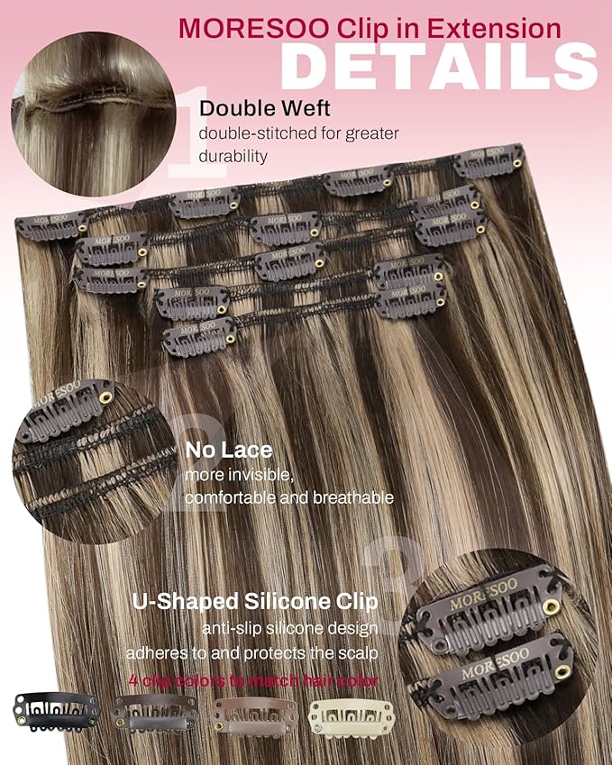 Moresoo Remy Hair Extensions Clip ins Dark Brown with Blonde Highlights Clip in Extensions Real Human Hair Dark Brown with Caramel Blonde Double Weft for Short Human Hair 80g/5pcs 14 inch