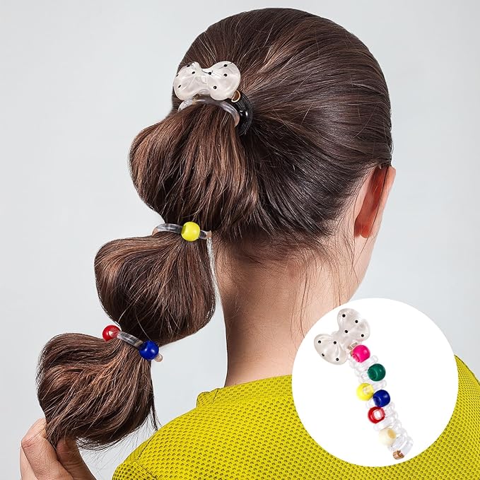 4PCS Bow Spiral Hair Ties with Colored Beads, 4 Colors Bowknot Bead Phone Cord Ponytail Holders for Women, Elegant Rubber Hair Coils, Stylish Hair Accessories for Party, Daily Use