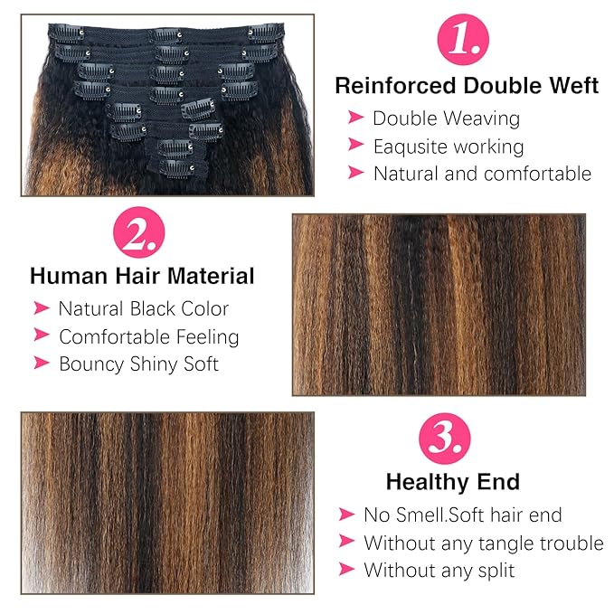 F1B/30 Omber Kinky Straight Clip in Hair Extensions Real Human Hair For Women Highlight Hair Extensions Kinky Straight Clip ins(20inch,T1BP1B/30)