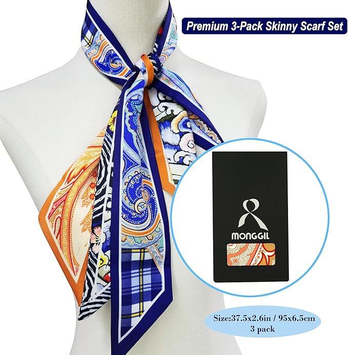 Skinny Scarf 3 Pack for Women – Bag Scarf, Silk Hair Scarves (Original Prints, Premium Twill, 3 Designs)