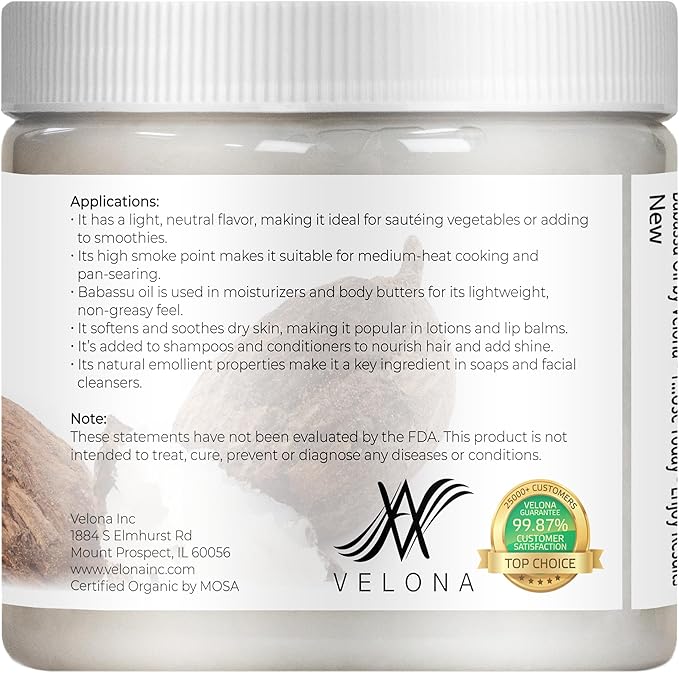 velona Babassu Oil USDA Certified Organic - 16 Fl Oz | 100% Pure and Natural Carrier Oil | Refined, Cold Pressed | Face, Hair, Body & Skin Care and Cooking | Use Today - Enjoy Results