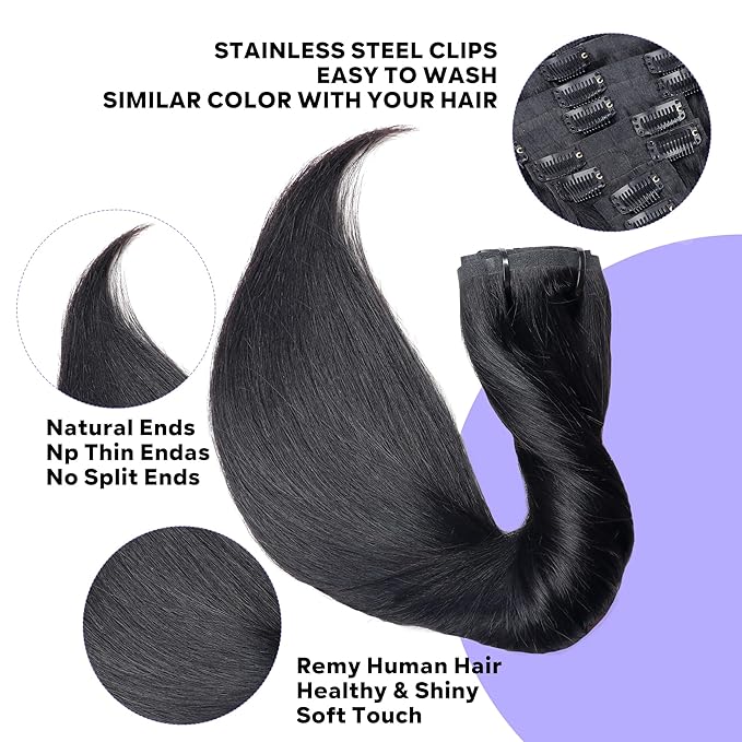 Seamless Clip in Hair Extensions Real Human Hair Straight Remy Human Hair Clip in Extensions for Women, Natural Soft Silk Straight Human Hair PU Thin Weft 8Pcs 120g 14inch Natural Black