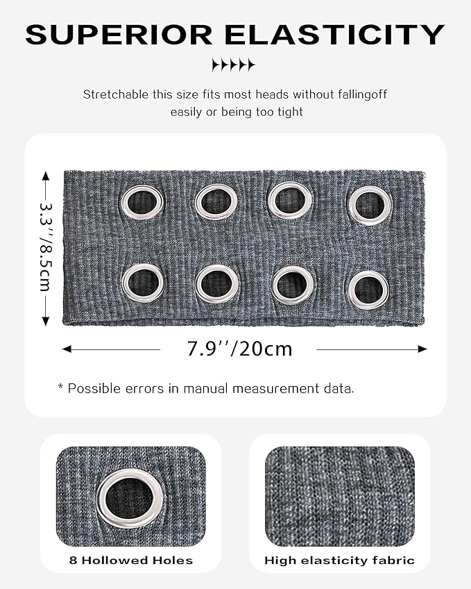 Grommet Headband for Women, Wide Grey 20cm Hollow Out Elastic Hair Band, Eyelets Punk Grunge Stylish Hairband