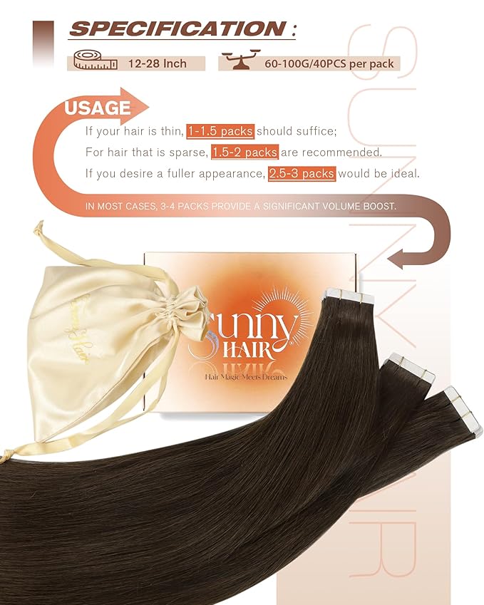 Sunny Hair Brown Tape in Hair Extensions Human Hair 14 inch Remy Hair Extensions Tape in Thick End Tape ins Human Hair Extensions 40Pcs 100g
