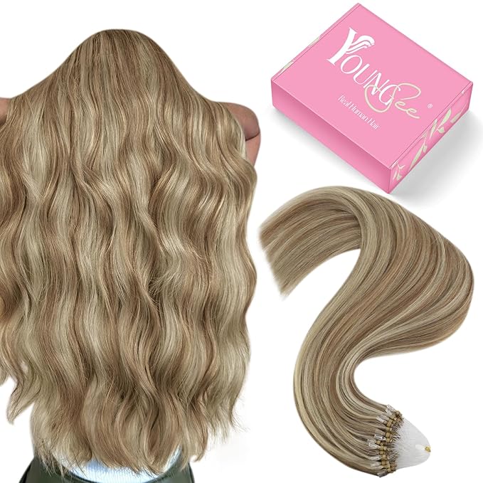 YoungSee Micro Beads Hair Extensions Brown Highlight Micro Loop Hair Extensions Human Hair Light Brown and Blonde Highlight Microlink Hair Extension Human Hair for Long Hair 24In 50s 50g