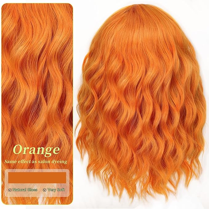AISI HAIR Orange Synthetic Wavy Curly Bob Wig with Bangs Short Wavy Hair for Women Synthetic Heat Resistant Bob Wigs