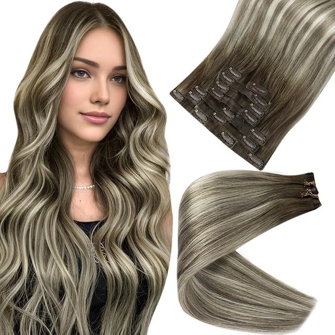 Full Shine Human Hair Clip in Extensions Balayage Human Clip in Hair Extensions Ash Brown Ombre Platinum Blonde Straight Clip ins Softness 14 Inch 8 PCS 120 G