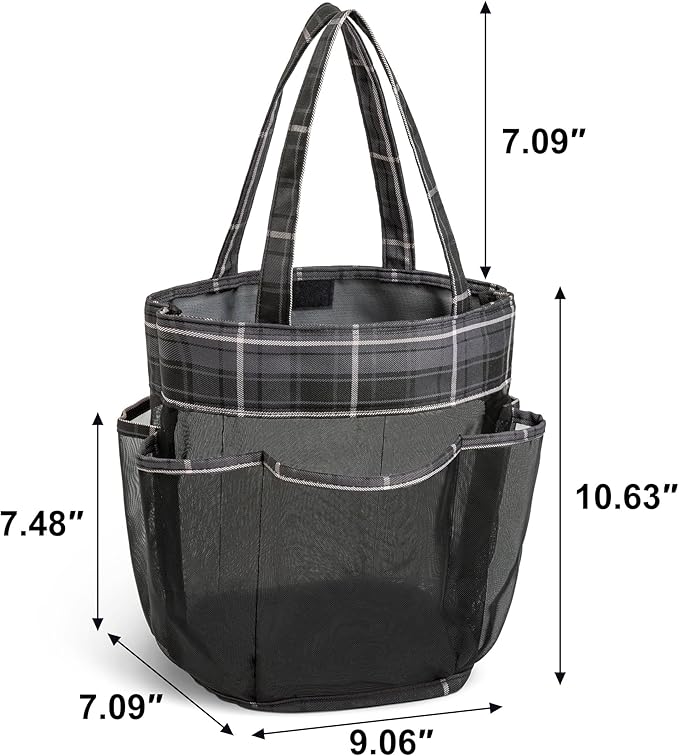 Mesh Shower Caddy Portable, Bathroom Caddy Organizer for College Dorm Essentials, Hanging Shower Tote Bag with 7 Pockets for Beach, Swimming, Gym camping Grey Black Checkered