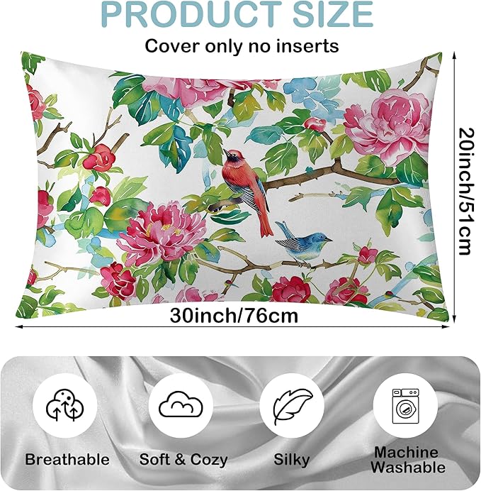 Pink Roses Flowers and Red Birds Satin Pillow Case Queen Size,Soft Pillowcases for Hair and Skin Similar to Silk,Pillowcases with Hidden Zipper Bedding Accessories,20X30 Inches,1 Pack