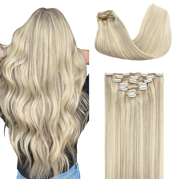 GOO GOO Clip in Hair Extensions Real Human Hair, Remy Human Hair Extensions Clip ins for Women, Natural Human Hair, 14inch 120g 7Pcs, 17A/60A Ash Blonde Highlighted Platinum Blonde