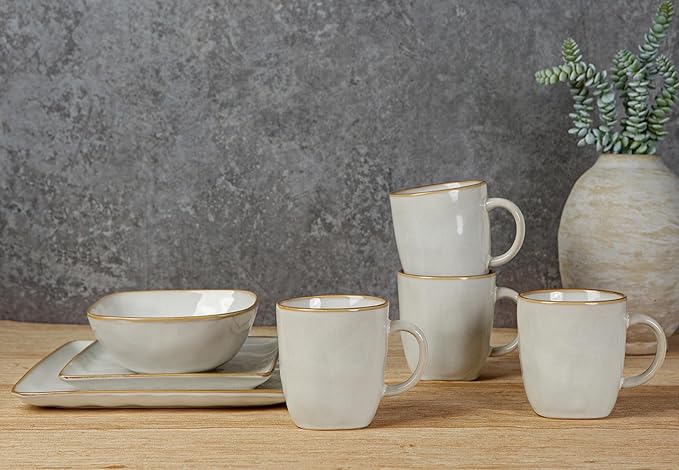 famiware Coffee Mugs Set of 4, Ocean Square 13oz Coffee Cup Set with Handle for Cocoa, Milk, Hot Chocolate, Stoneware Cups for Kitchen, Reactive Glaze, Microwave and Dishwasher Safe, Cappuccino White
