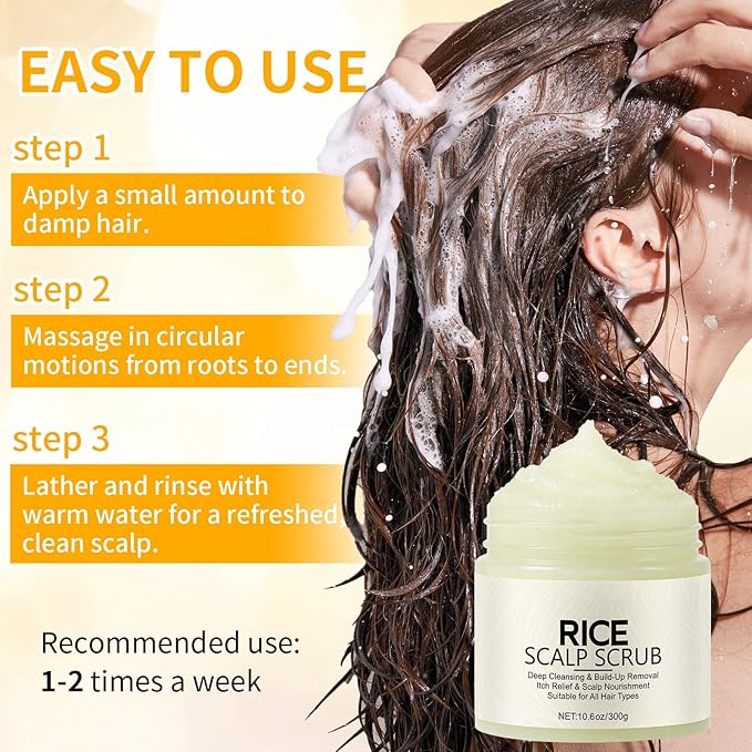 Scalp Scrub with Rice Extract & Hyaluronic Acid, 2-in-1 Exfoliating Shampoo for Hair Treatment, Includes Silicone Scalp Massager, Removes Buildup & Dandruff, 10.6oz