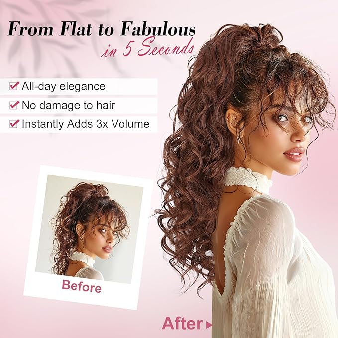 QGZ 20" Wavy Ponytail Extension, Claw Clip Ponytail Hair Extension, Natural Synthetic Hairpiece for Women Daily Use(Auburn)