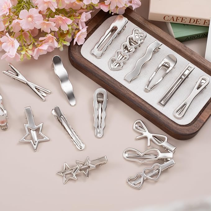 32pcs Star Heart Metal Hair Clips, 16 Styles Silver Hair Clip Alligator Barrettes, Bow Wavy Non-Slip 2000s Hair Accessories for Women Daily, Party