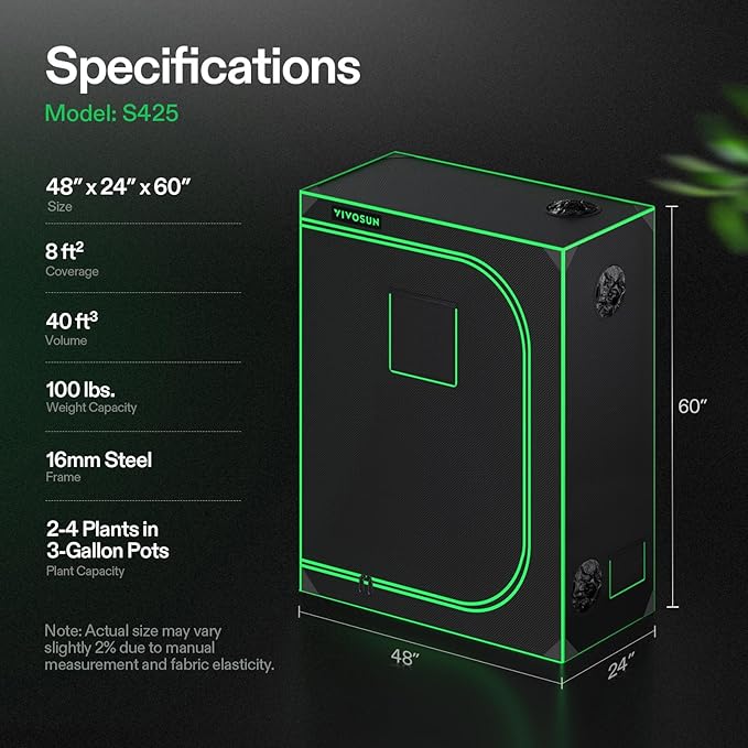 VIVOSUN S425 4x2 Grow Tent, 48"x24"x60" High Reflective Mylar with Observation Window and Floor Tray for Hydroponics Indoor Plant for VS2000