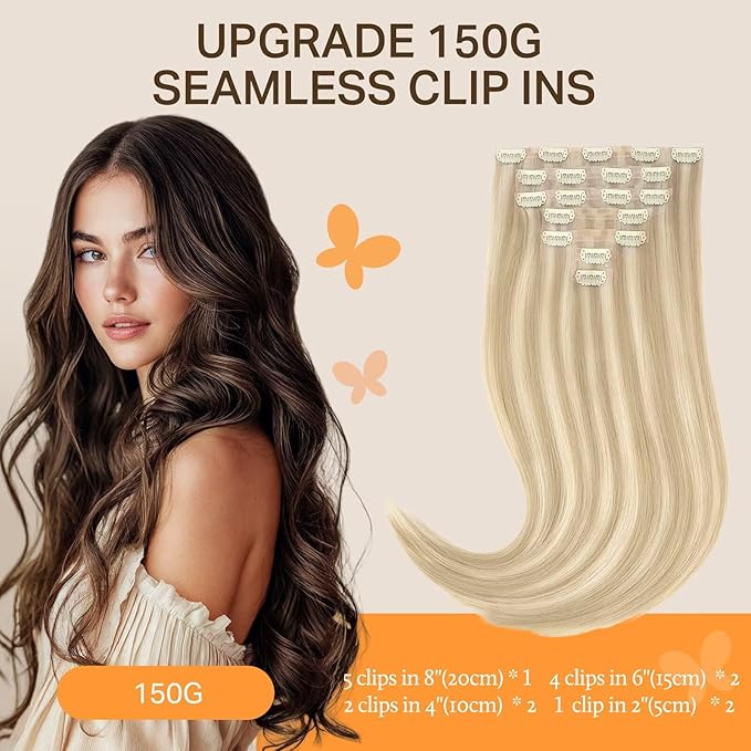 DOORES Clip in Hair Extensions Seamless, Dark Blonde Highlighted Bleach Blonde 18 Inch 130g 7pcs, Virgin Thick Human Hair Clip in Extensions