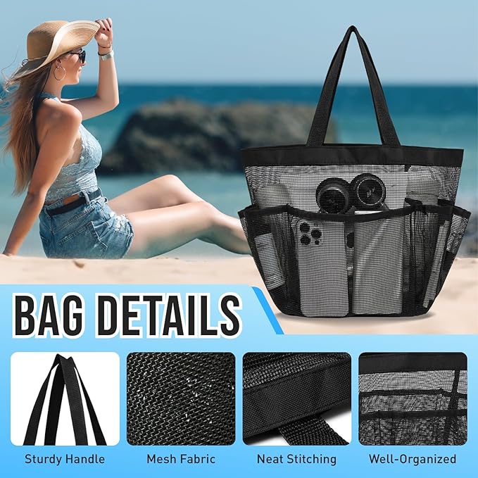 Mesh Shower Caddy Portable, Shower Tote Bag for Dorm Room Essentials, 8 Pockets Large Shower Basket for College Gym Beach Camping (Black)