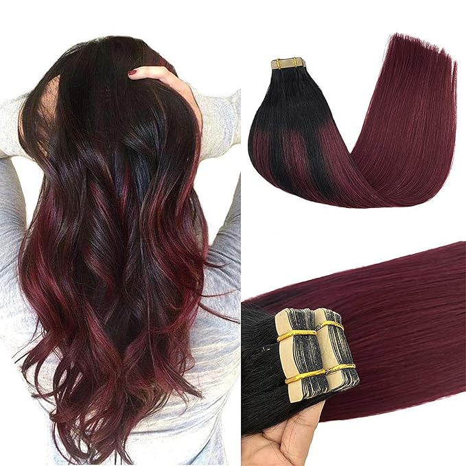 GOO GOO Tape in Hair Extensions Human Hair, 1/99 Balayage Jet Black to Red, 26inch 60g 20pcs, Skin Weft Seamless Invisible, Silky Straight with Thick Ends, Remy Human Hair