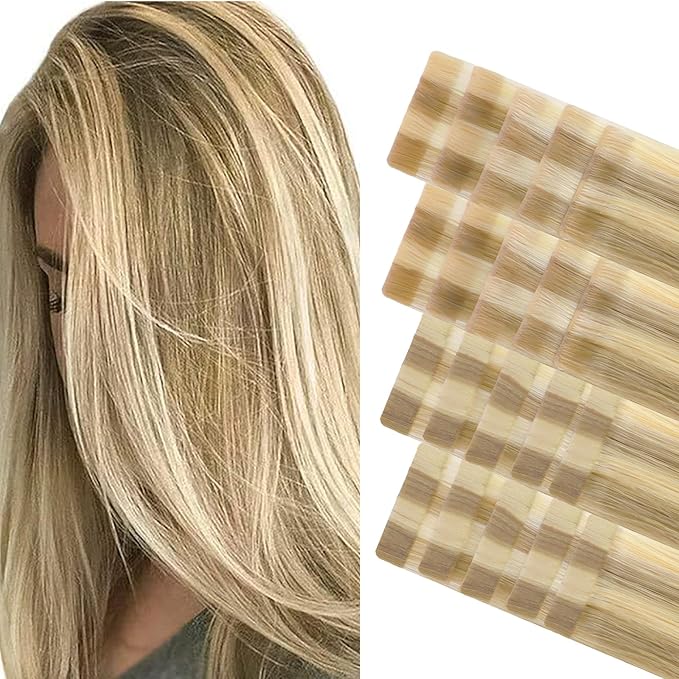 GOO GOO Invisi Edge Tape in Hair Extensions Human Hair, 16/22 Light Blonde Highlighted Golden Blonde 10pcs injected with 10pcs classical tape ins, 16inch 50g, Virgin Remy Hair, Natural Look