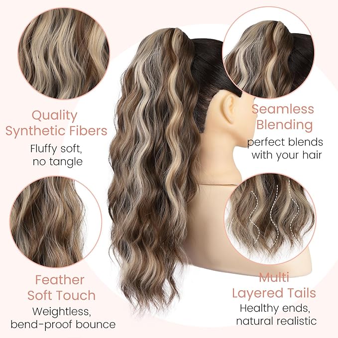 18 Inch Ponytail Extension for Women Claw Ponytail Extension Wavy in Fake Pony Tails Fake Hair Fluffy Natural Synthetic Hairpiece for Daily Use (Chestnut Brown Mixed Ash Blonde)