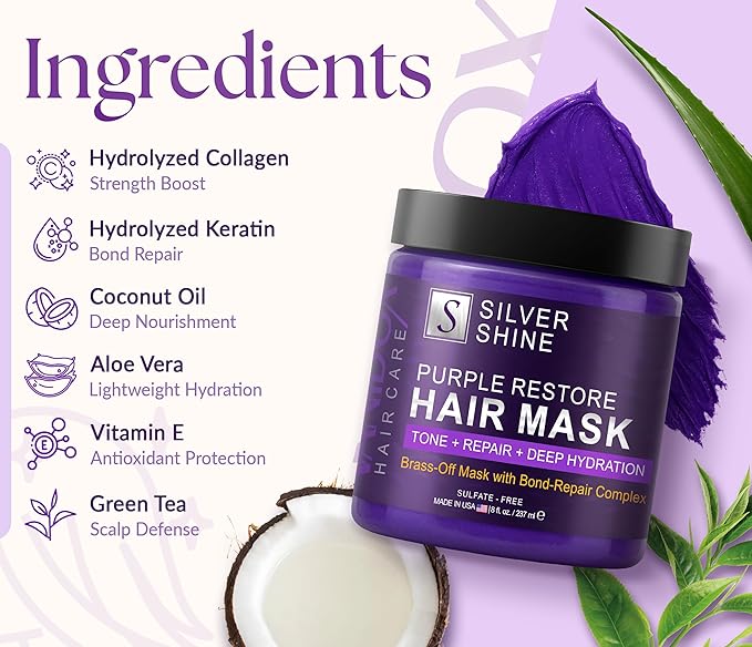 Silver Shine Purple Hair Mask for Gray Hair – Deep Conditioning Toner Treatment to Neutralize Brassiness, Restore Moisture & Brighten Dull Hair – Paraben & Sulfate Free, Made in USA, 8oz
