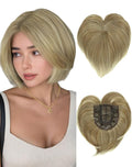 QUEENTAS Blonde Hair Topper for Women with Thinning Hair Pieces 6"*6"Large Coverage 360°3D Cover Silver Synthetic Short Bob with 5 Clips in Wiglets(Blonde Mixed Brown)