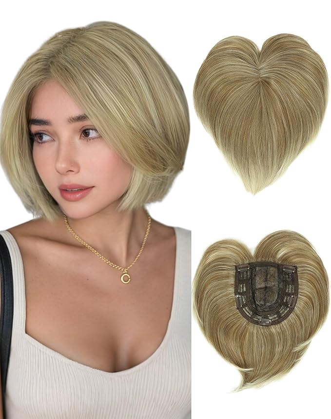 QUEENTAS Blonde Hair Topper for Women with Thinning Hair Pieces 6"*6"Large Coverage 360°3D Cover Silver Synthetic Short Bob with 5 Clips in Wiglets(Blonde Mixed Brown)