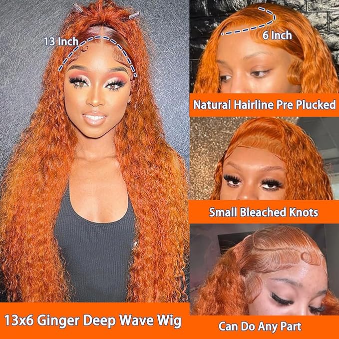 Deep Wave Lace Front Wigs Human Hair 13x6 Ginger Orange Wig Human Hair 210% Density 13x6 HD Transparent Lace Frontal Wet and Wavy Wig 22Inch