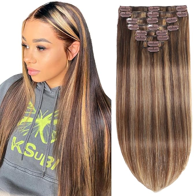 Clip in Hair Extensions Real Human Hair 4.2oz/120g 8pcs Chocolate Brown to Honey Blonde Human Hair Extensions Straight Double Weft Remy Human Hair for Black Women 20 Inch #P427