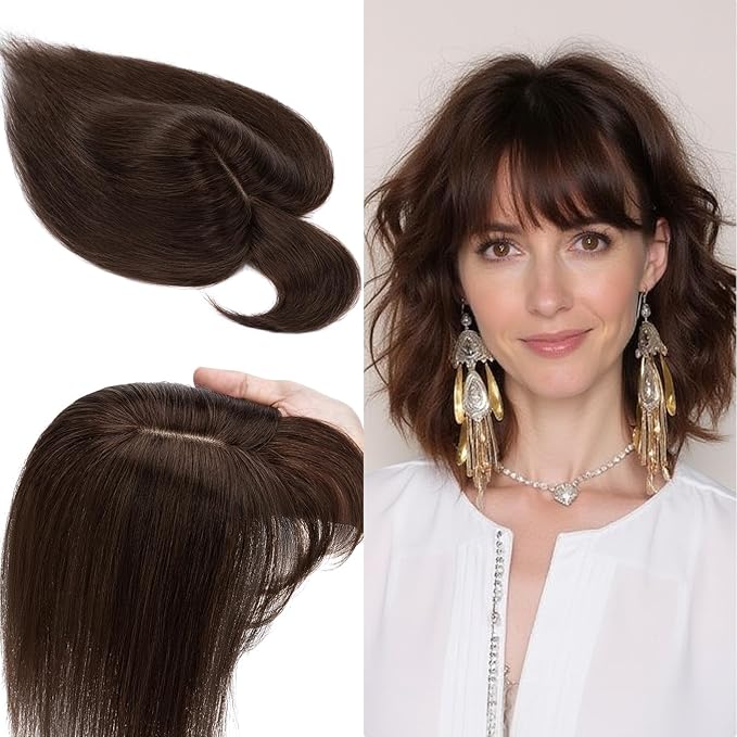 SEGO 100% Real Human Hair Toppers, with Air Bangs, Silk Base 150% Density, Clip in Topper, 2.7肺5.1・ HairPieces for Women, with Thinning/Hair Loss Cover Gray