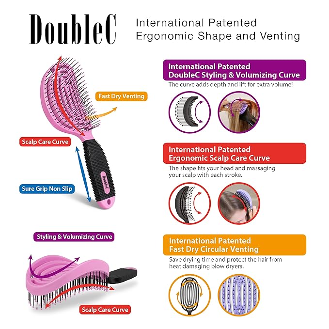 NuWay 4HAIR DoubleC U.S. Patented Double Curved Detangling Brush is Hair Dryer Safe (Rose Pink)