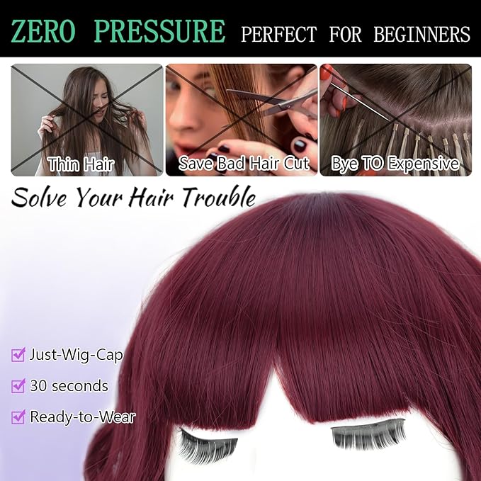 AISI HAIR Purplish Red Synthetic Wavy Curly Bob Wig with Bangs Short Wavy Hair for Women Synthetic Heat Resistant Bob Wigs
