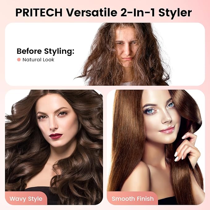 PRITECH Flat Iron Hair Straightener and Curler 2 in 1, Titanium Flat Iron with Negative Ions, Adjustable Temp(248℉-450℉) and Automatic Shut Off (Pink)