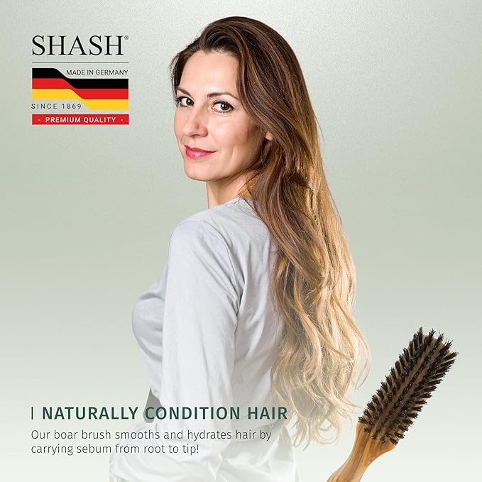 SHASH 100% First Cut Boar Bristle Hair Brush, Suitable For Thin To Normal Hair - Naturally Conditions Hair, Improves Texture, Exfoliates, Stimulates, Made in Germany