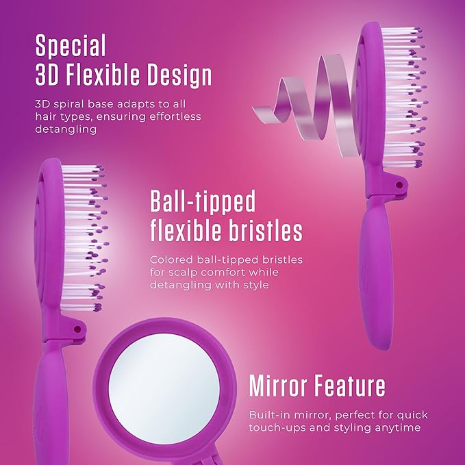 Mini Detangler Travel Hair Brush with Mirror, Makaron Hair Brushes for Women, Men and Kids, Unique 3D Flexible Design for All Hair Types, Styling Accessory, Travel Essentials for Women (PURPLE)