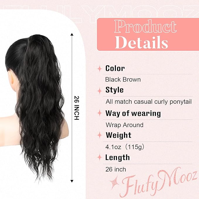 Flufymooz Ponytail Extension, Flexible Wrap Around Ponytail Extension Long Wavy Curly Ponytail Hair Extensions Natural pony tail Synthetic Hairpiece for Women 26 Inch (Black Brown)