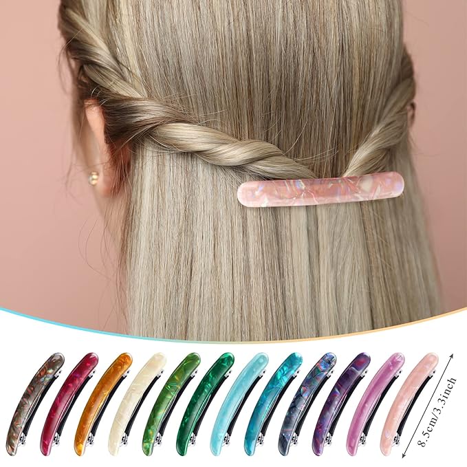 12 Pieces Hair Barrettes for Women Tortoise Shell Acetate French Skinny Clip Automatic Ponytail Barrettes for Women Fine Thin Hair Accessories(Stylish Color)
